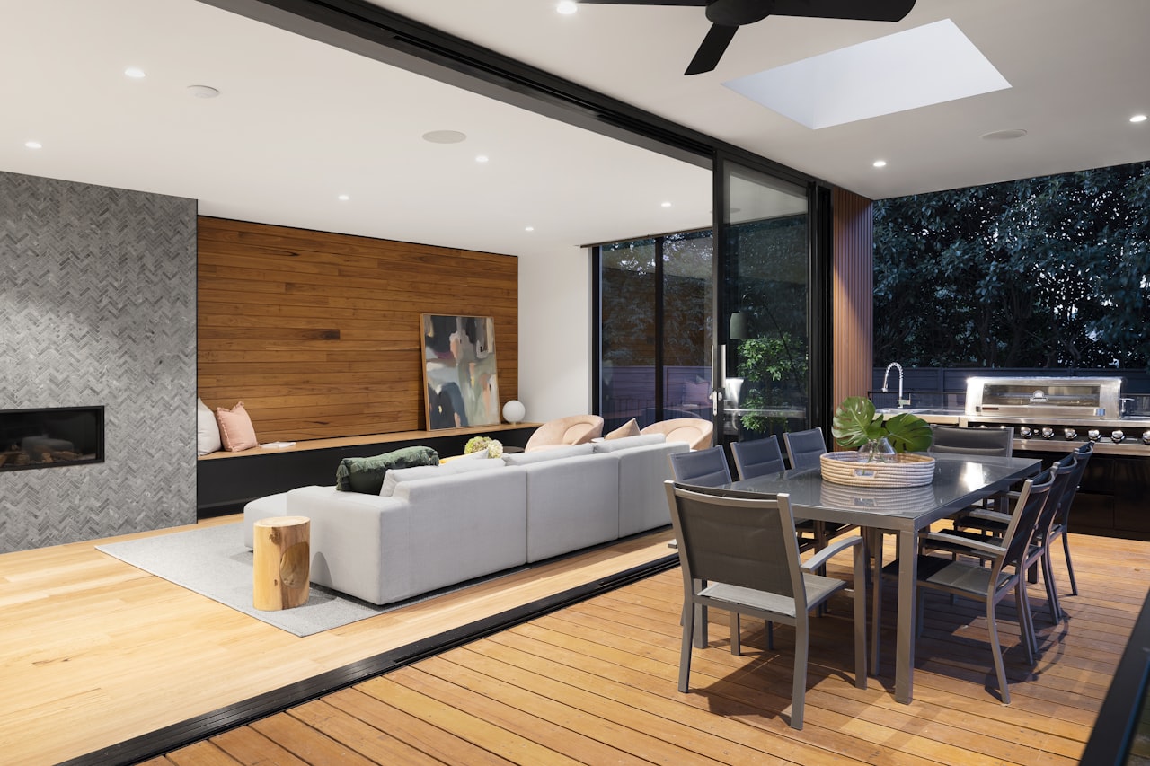 Renovated hospitality lounge with fireplace