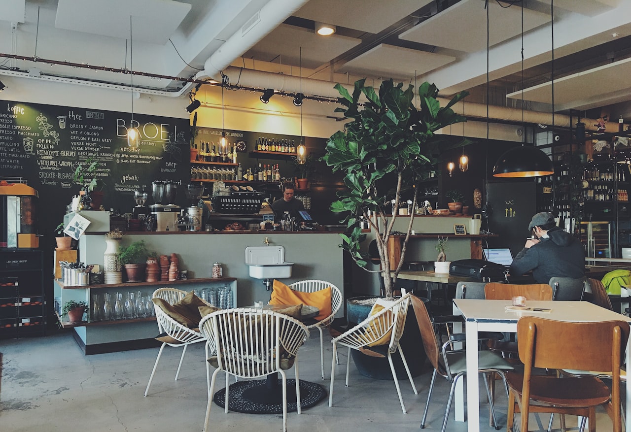 Renovated café interior with greenery